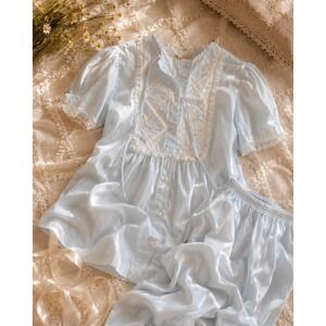 Vintage Barbizon Lazy Gina Powder Blue Pajama Set Lace Floral Cottagecore L